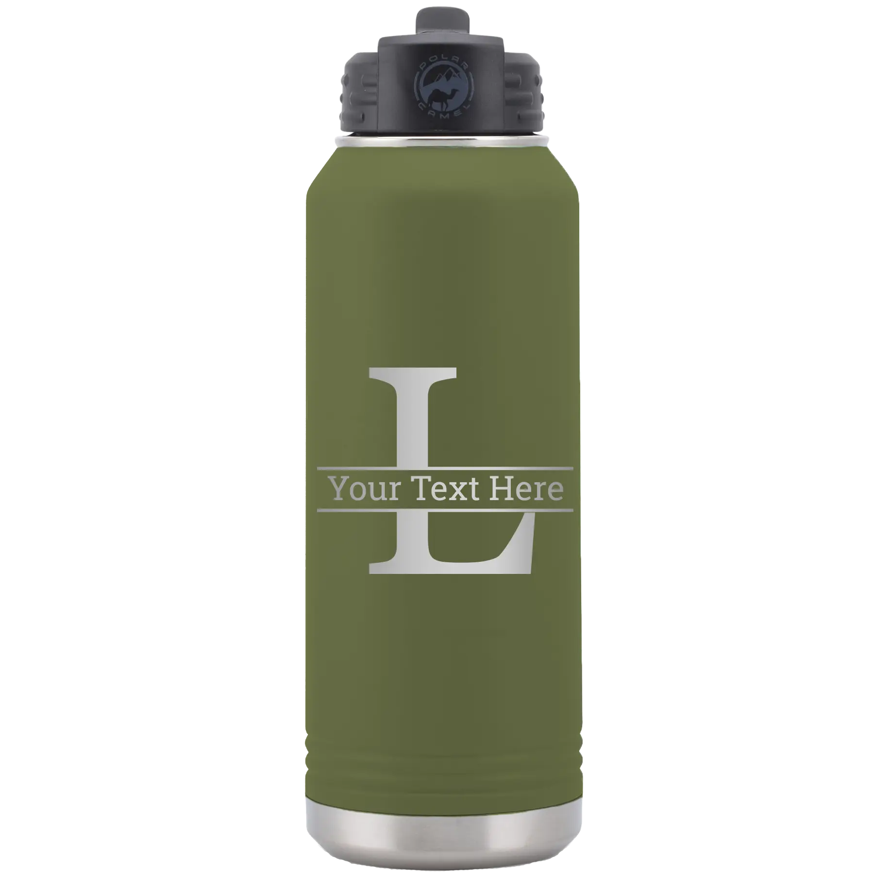Personalized olive green 32 oz vacuum insulated water bottle with 'Monogram letter L' design