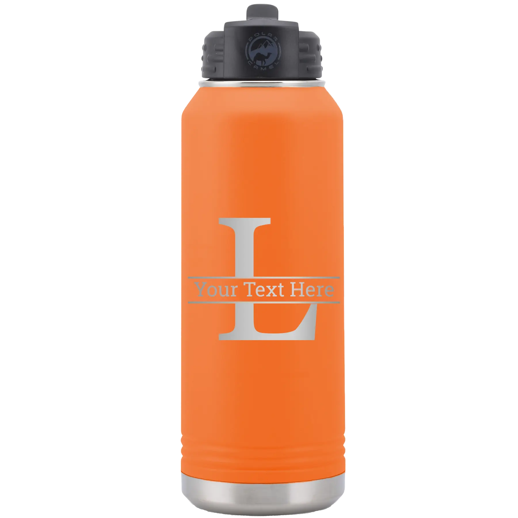 Personalized orange 32 oz vacuum insulated water bottle with 'Monogram letter L' design