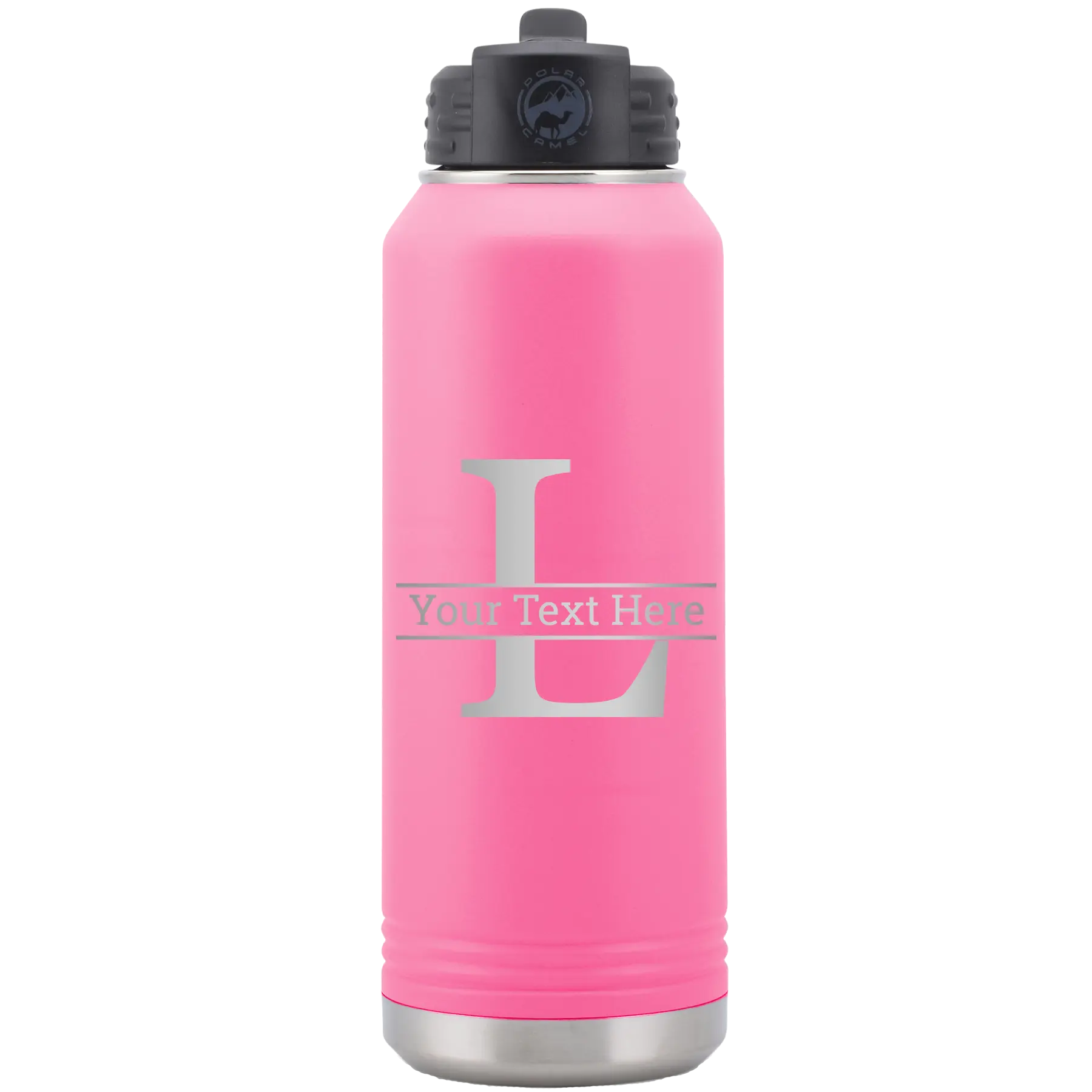 Personalized pink 32 oz vacuum insulated water bottle with 'Monogram letter L' design
