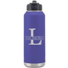 Personalized purple 32 oz vacuum insulated water bottle with 'Monogram letter L' design