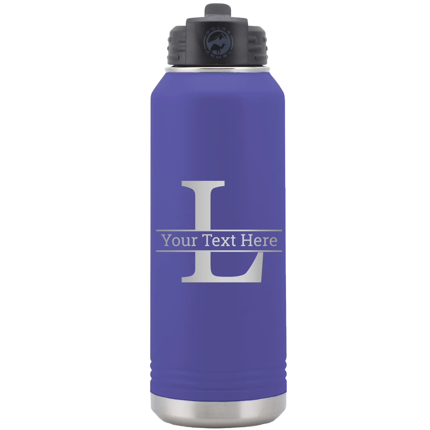 Personalized purple 32 oz vacuum insulated water bottle with 'Monogram letter L' design