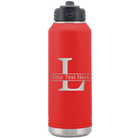 Personalized red 32 oz vacuum insulated water bottle with 'Monogram letter L' design