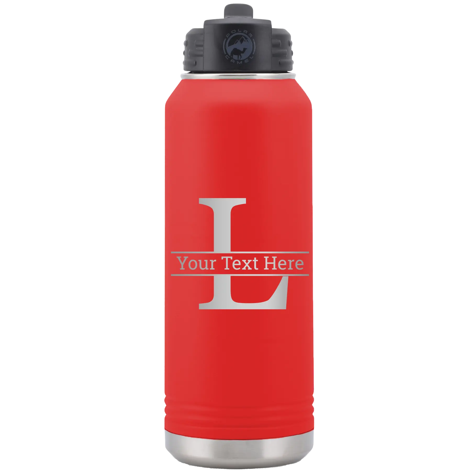 Personalized red 32 oz vacuum insulated water bottle with 'Monogram letter L' design