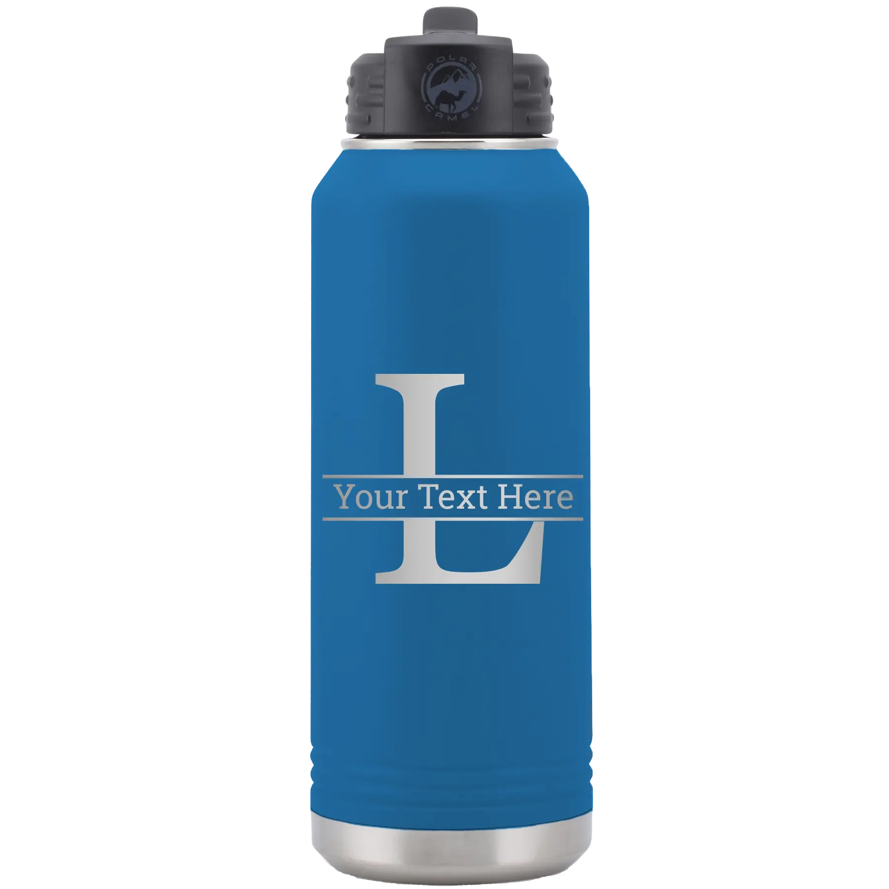 Personalized royal blue 32 oz vacuum insulated water bottle with 'Monogram letter L' design