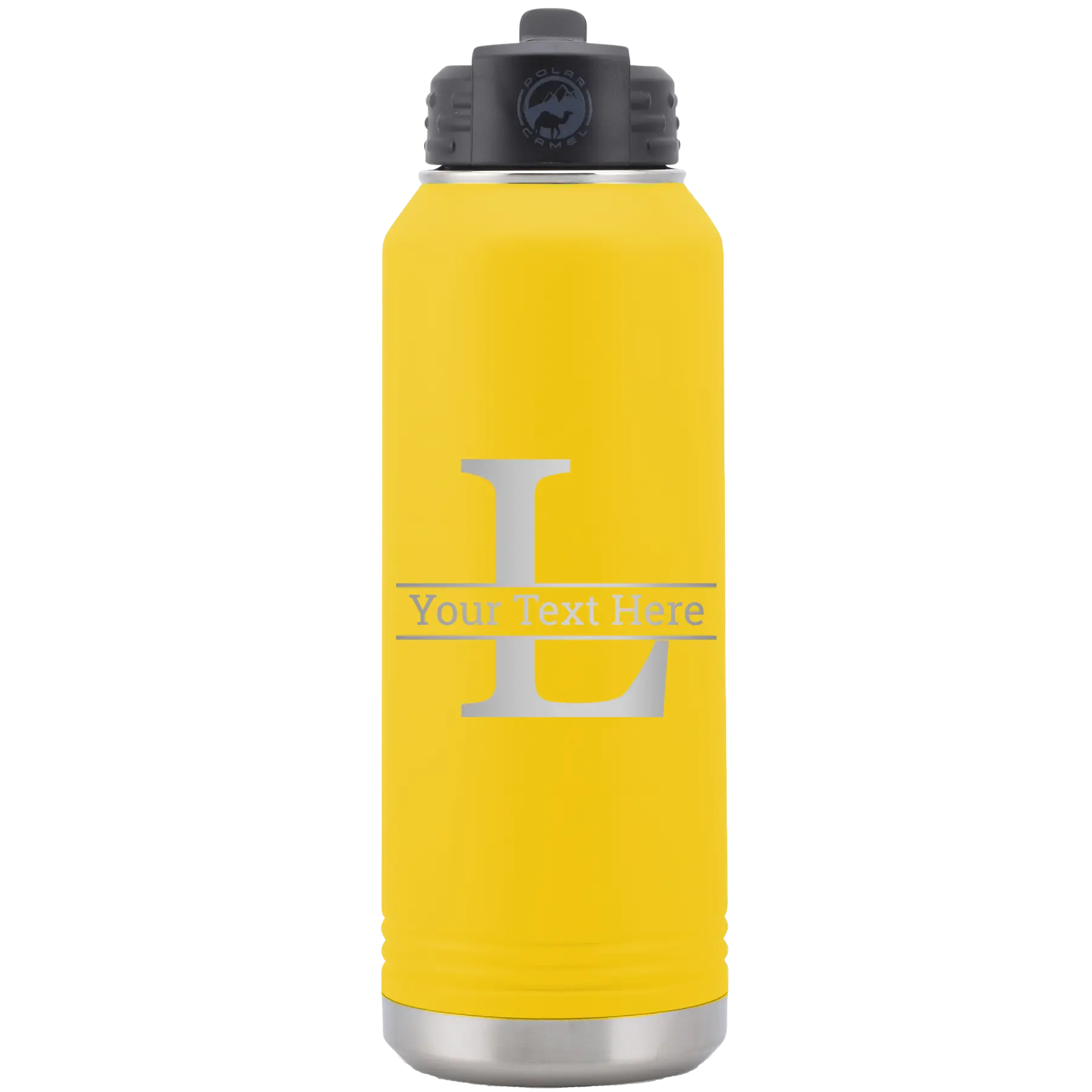 Personalized yellow 32 oz vacuum insulated water bottle with 'Monogram letter L' design