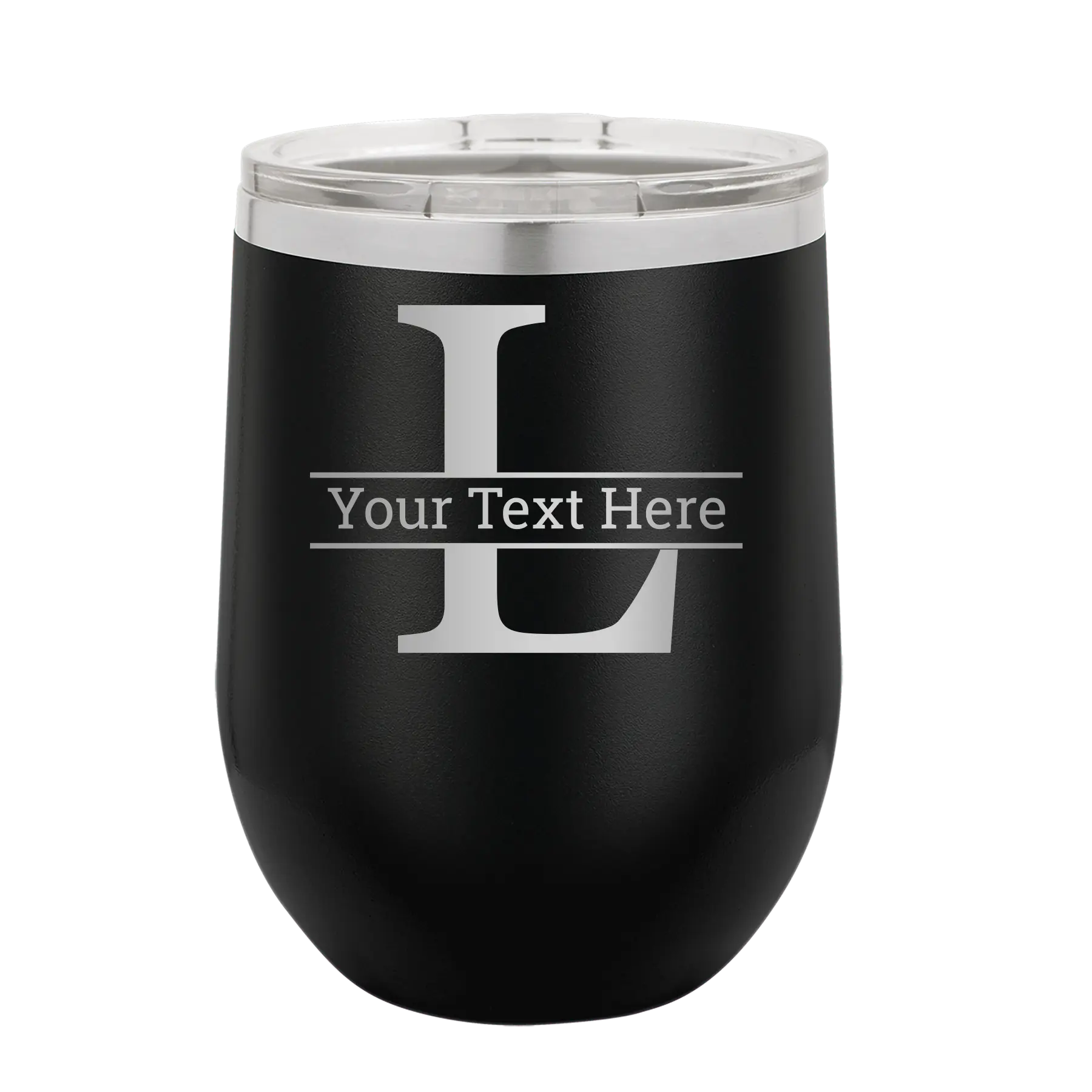 Personalized black 12 oz vacuum insulated wine cup with 'Monogram letter L' design