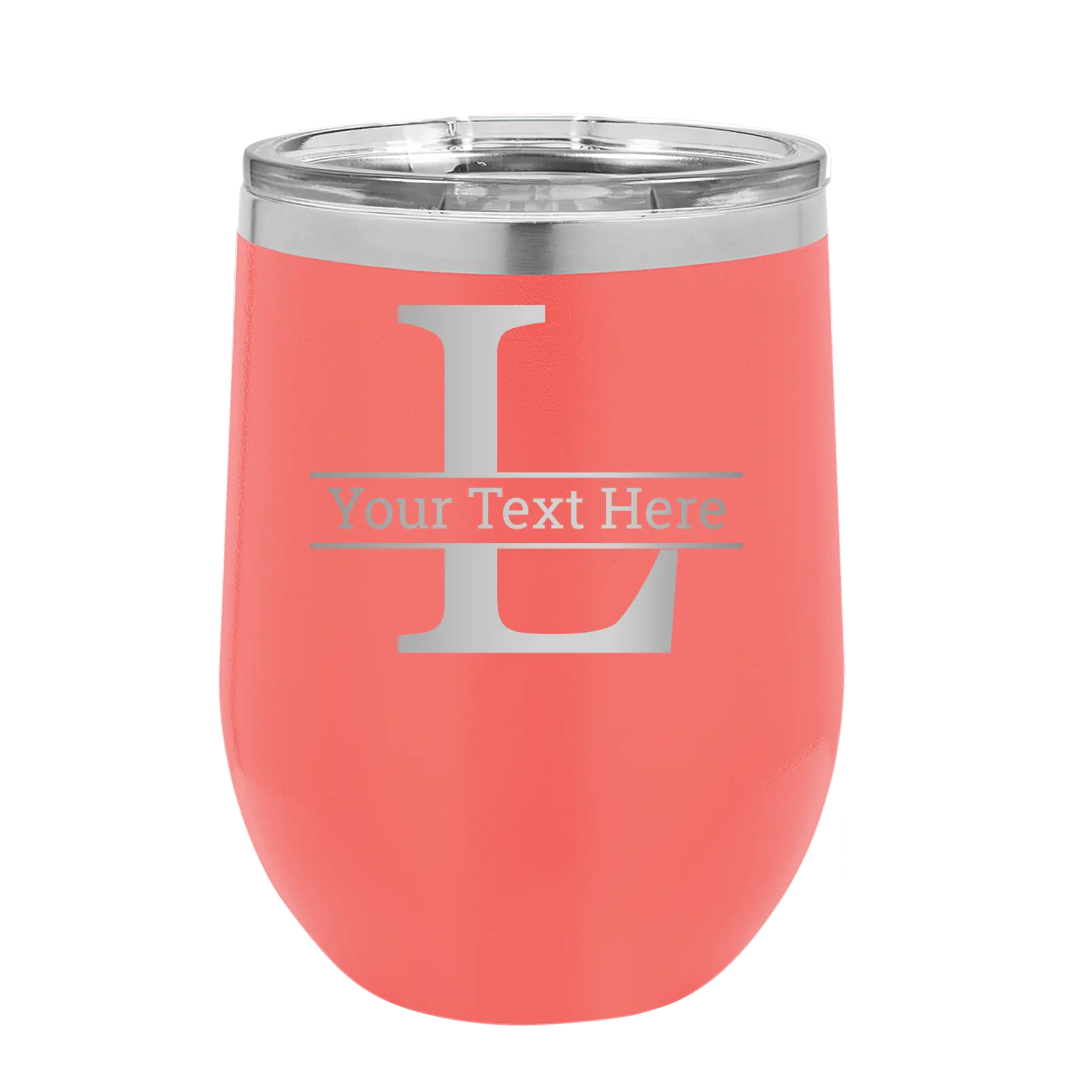 Personalized coral 12 oz vacuum insulated wine cup with 'Monogram letter L' design