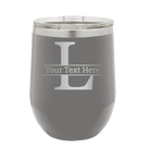 Personalized dark gray 12 oz vacuum insulated wine cup with 'Monogram letter L' design