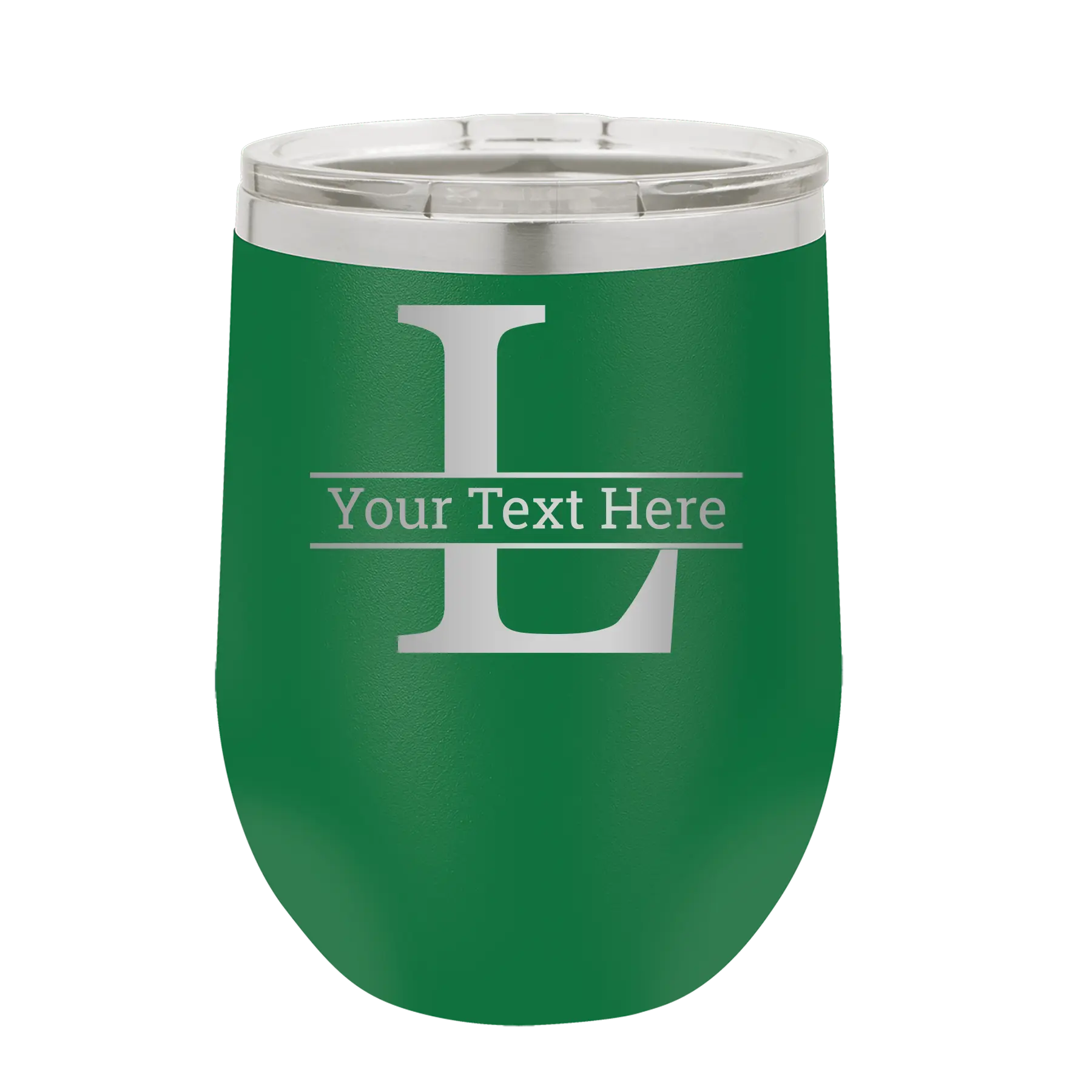 Personalized green 12 oz vacuum insulated wine cup with 'Monogram letter L' design