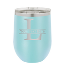 Personalized light blue 12 oz vacuum insulated wine cup with 'Monogram letter L' design