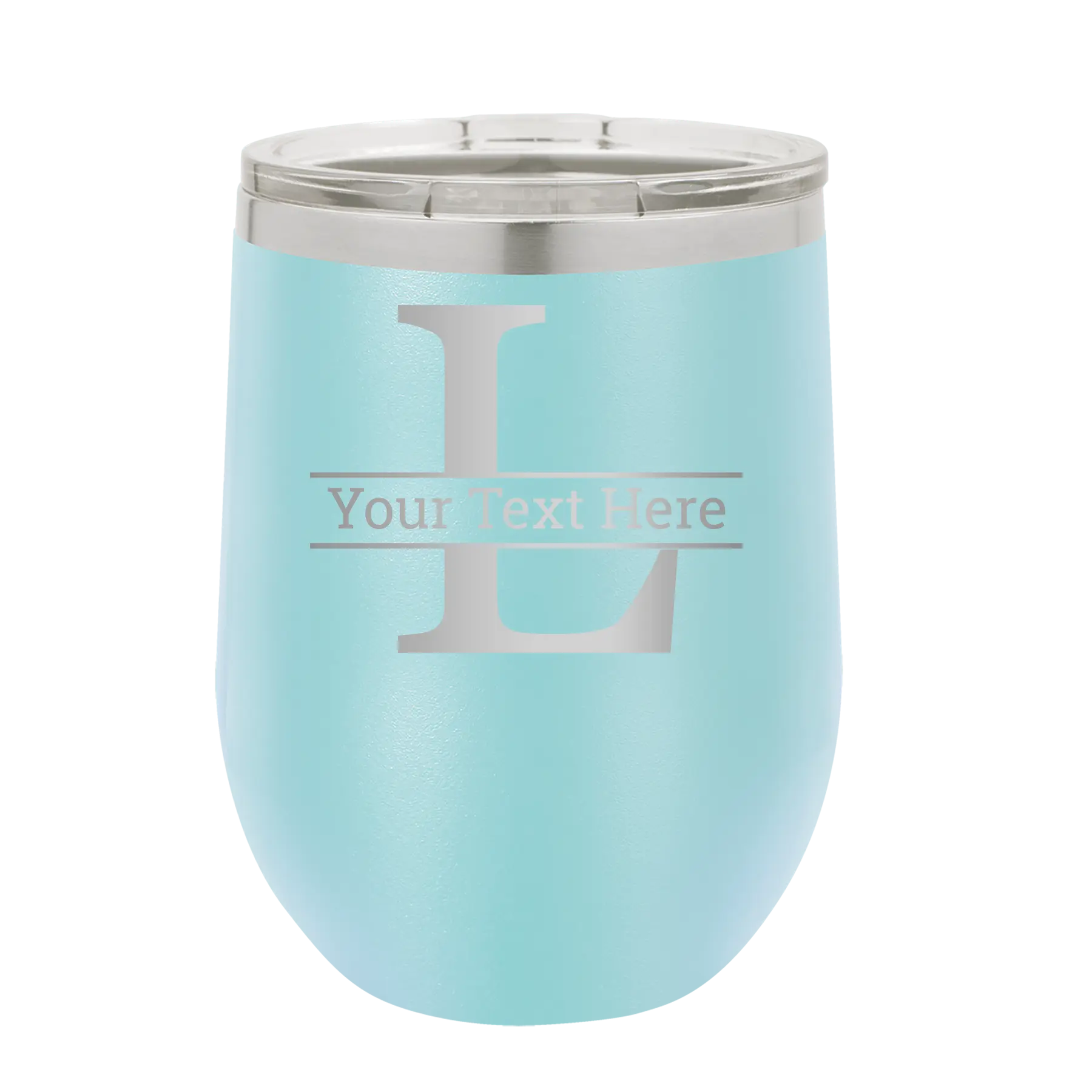 Personalized light blue 12 oz vacuum insulated wine cup with 'Monogram letter L' design