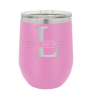 Personalized light purple 12 oz vacuum insulated wine cup with 'Monogram letter L' design