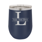 Personalized navy 12 oz vacuum insulated wine cup with 'Monogram letter L' design