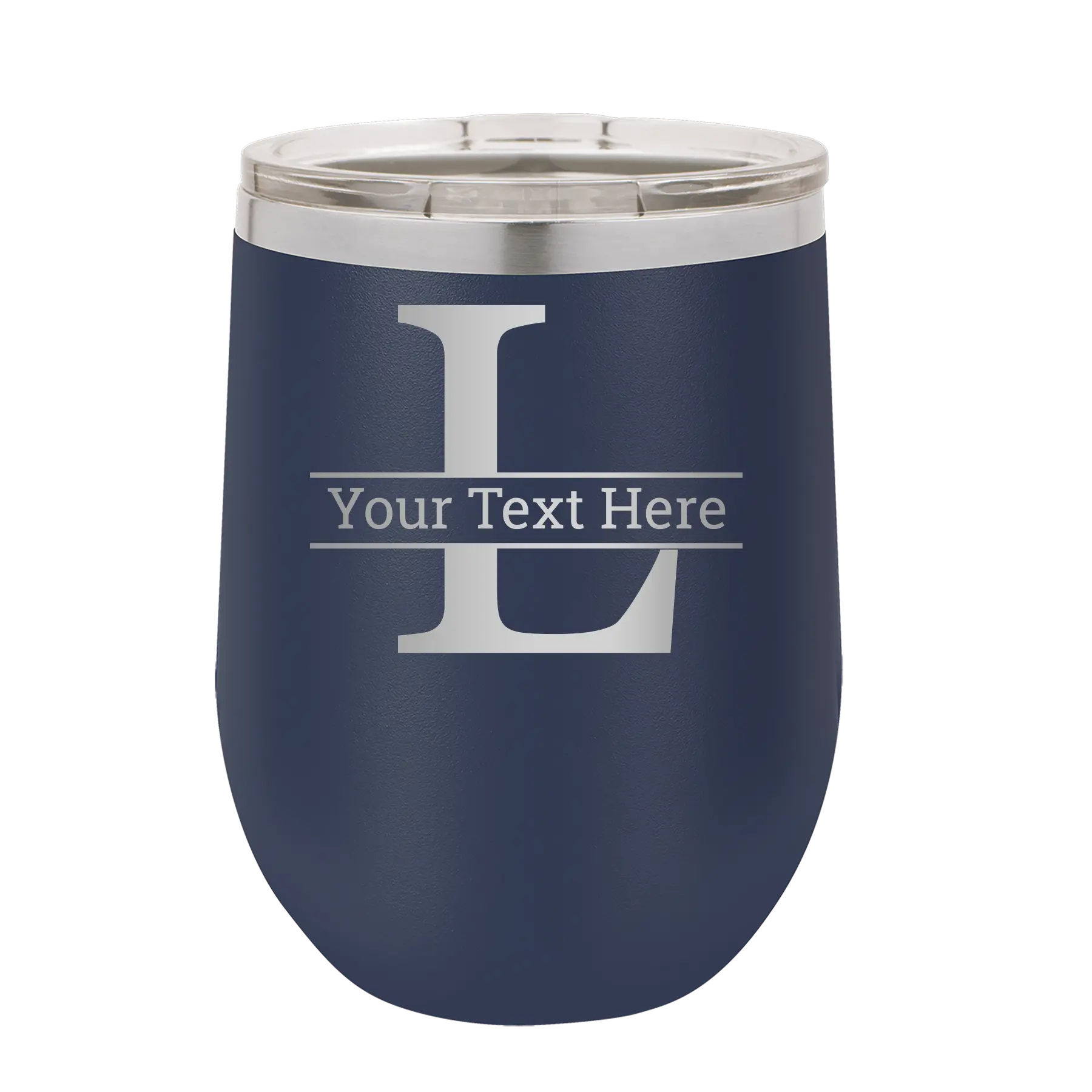 Personalized navy 12 oz vacuum insulated wine cup with 'Monogram letter L' design