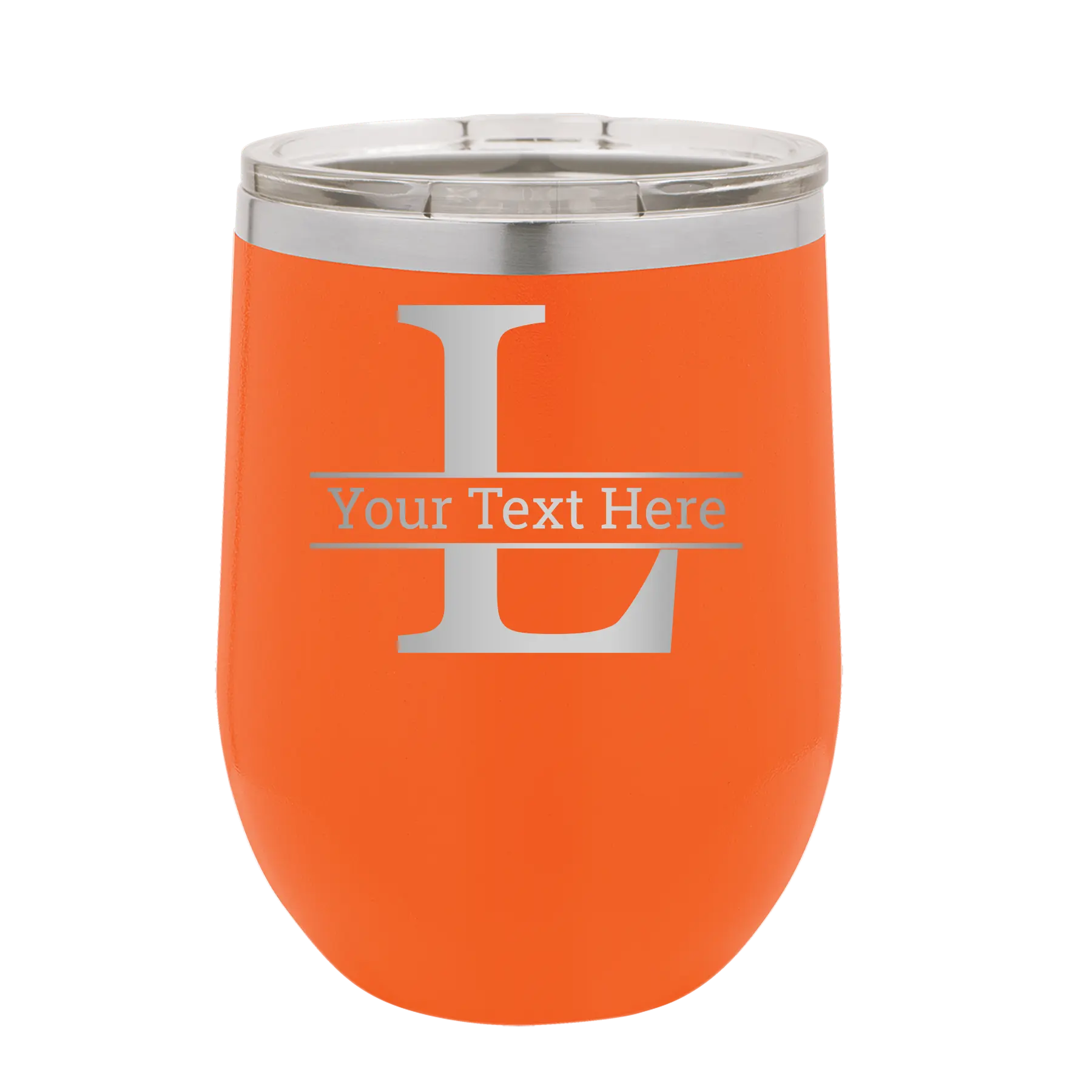 Personalized orange 12 oz vacuum insulated wine cup with 'Monogram letter L' design