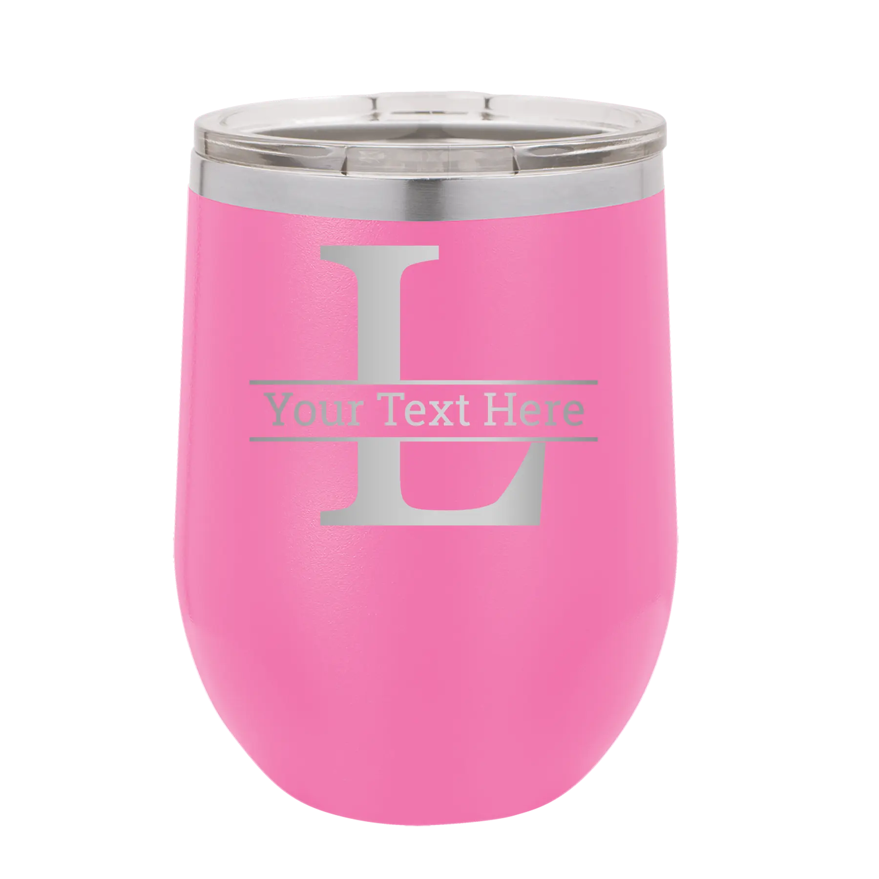 Personalized pink 12 oz vacuum insulated wine cup with 'Monogram letter L' design