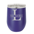 Personalized purple 12 oz vacuum insulated wine cup with 'Monogram letter L' design