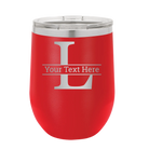 Personalized red 12 oz vacuum insulated wine cup with 'Monogram letter L' design