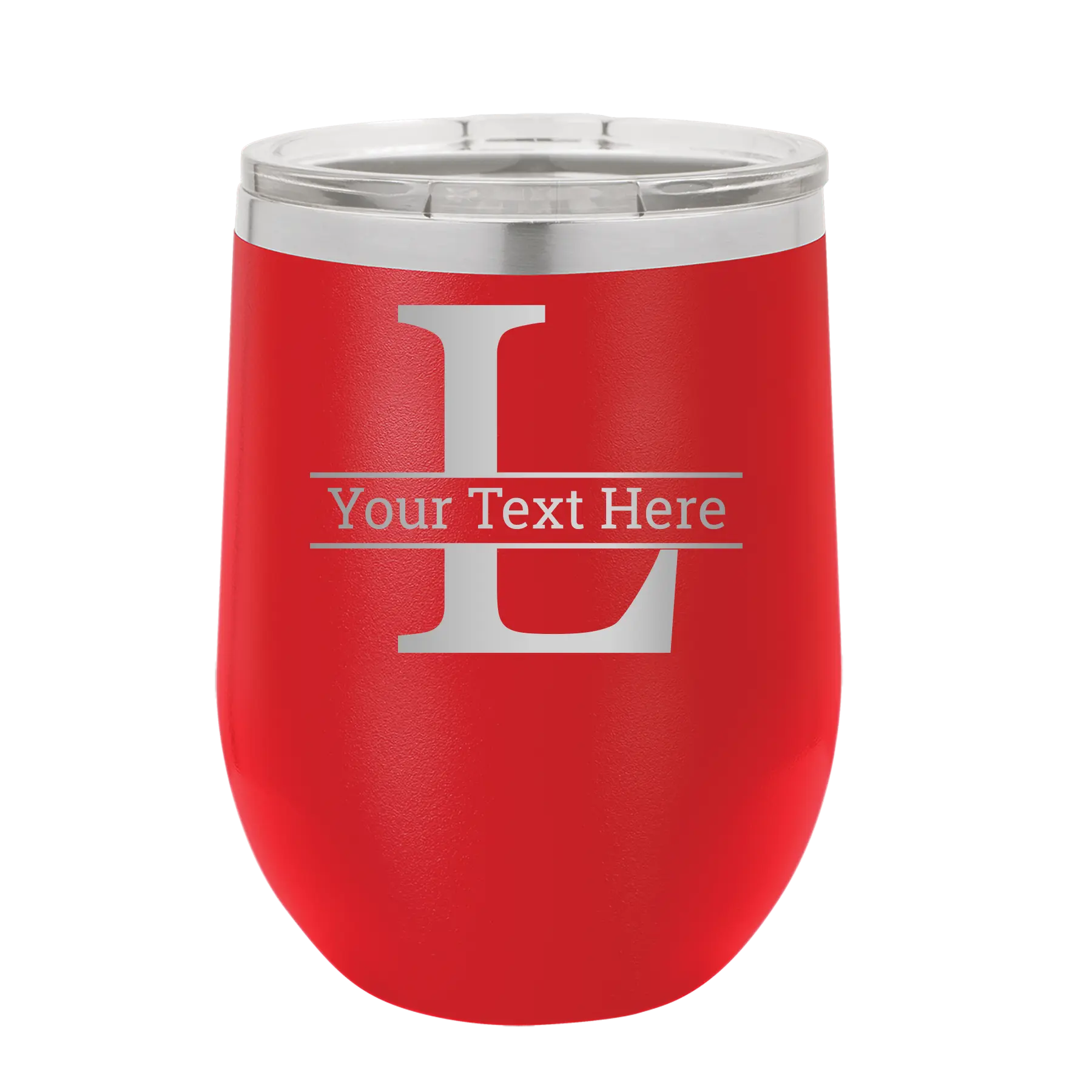 Personalized red 12 oz vacuum insulated wine cup with 'Monogram letter L' design