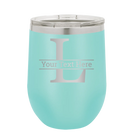 Personalized teal 12 oz vacuum insulated wine cup with 'Monogram letter L' design
