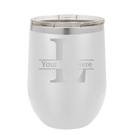 Personalized white 12 oz vacuum insulated wine cup with 'Monogram letter L' design