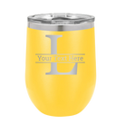 Personalized yellow 12 oz vacuum insulated wine cup with 'Monogram letter L' design