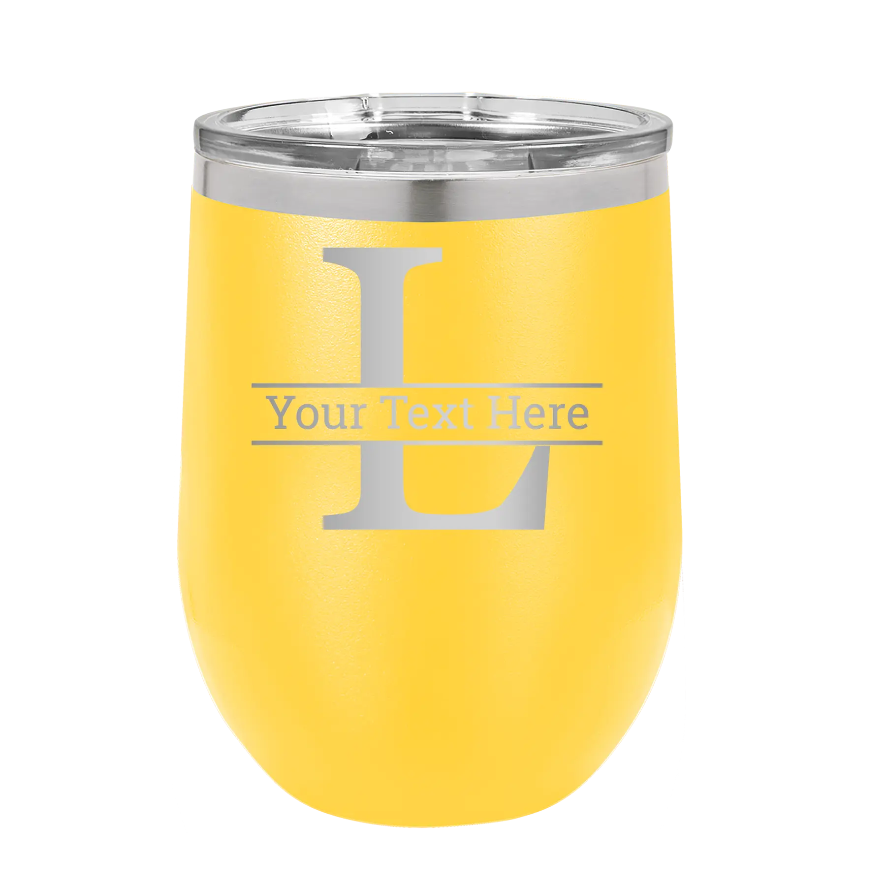 Personalized yellow 12 oz vacuum insulated wine cup with 'Monogram letter L' design