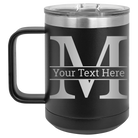 Personalized black 15 oz vacuum insulated coffee mug with 'Monogram letter M' design