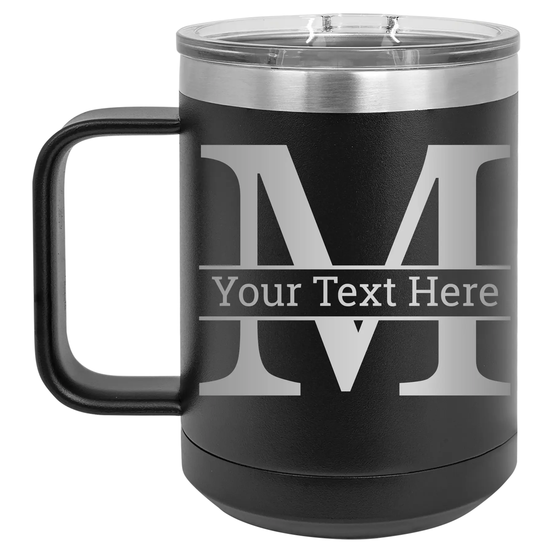 Personalized black 15 oz vacuum insulated coffee mug with 'Monogram letter M' design