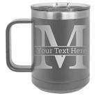 Personalized dark gray 15 oz vacuum insulated coffee mug with 'Monogram letter M' design