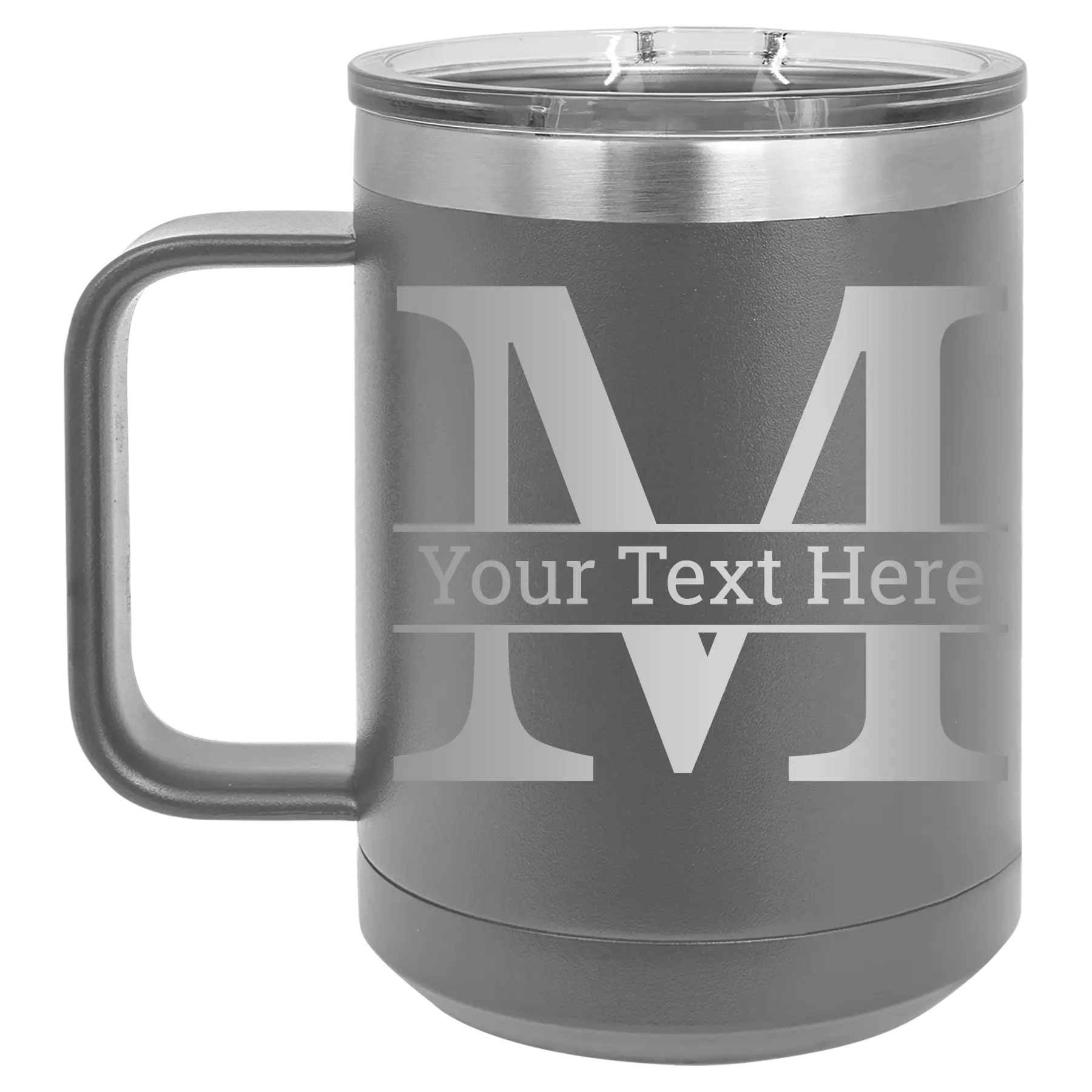 Personalized dark gray 15 oz vacuum insulated coffee mug with 'Monogram letter M' design