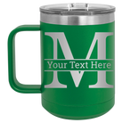 Personalized green 15 oz vacuum insulated coffee mug with 'Monogram letter M' design