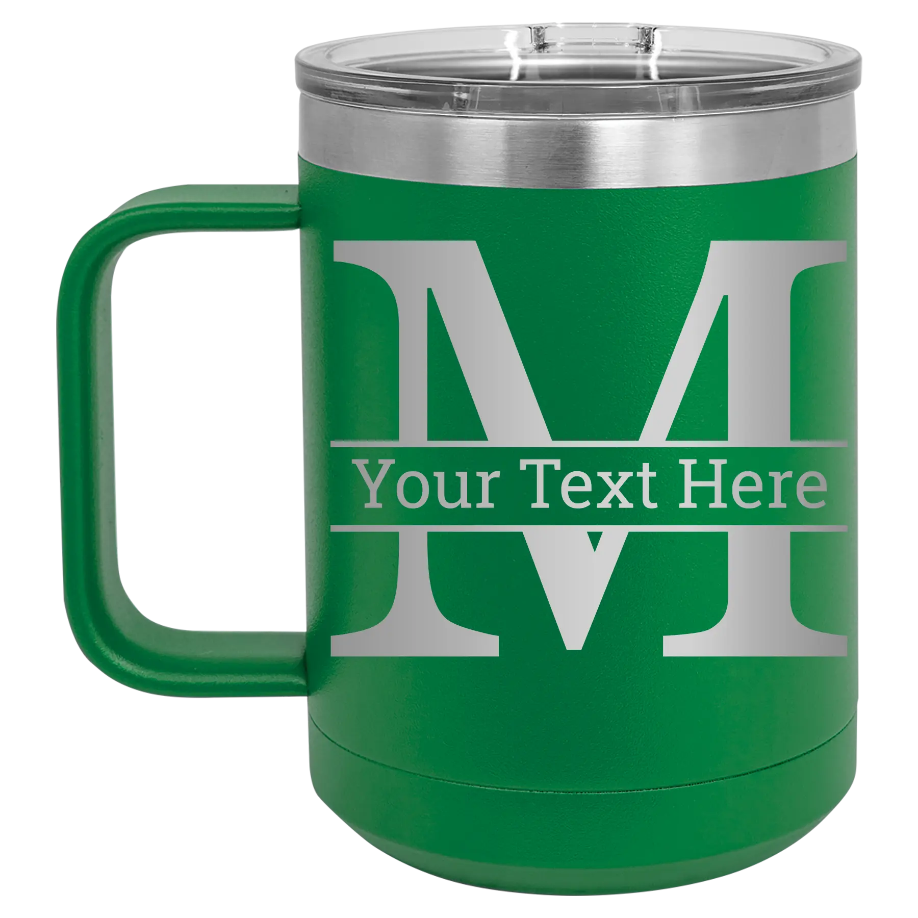 Personalized green 15 oz vacuum insulated coffee mug with 'Monogram letter M' design