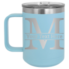 Personalized light blue 15 oz vacuum insulated coffee mug with 'Monogram letter M' design