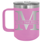 Personalized light purple 15 oz vacuum insulated coffee mug with 'Monogram letter M' design