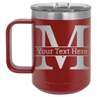Personalized maroon 15 oz vacuum insulated coffee mug with 'Monogram letter M' design