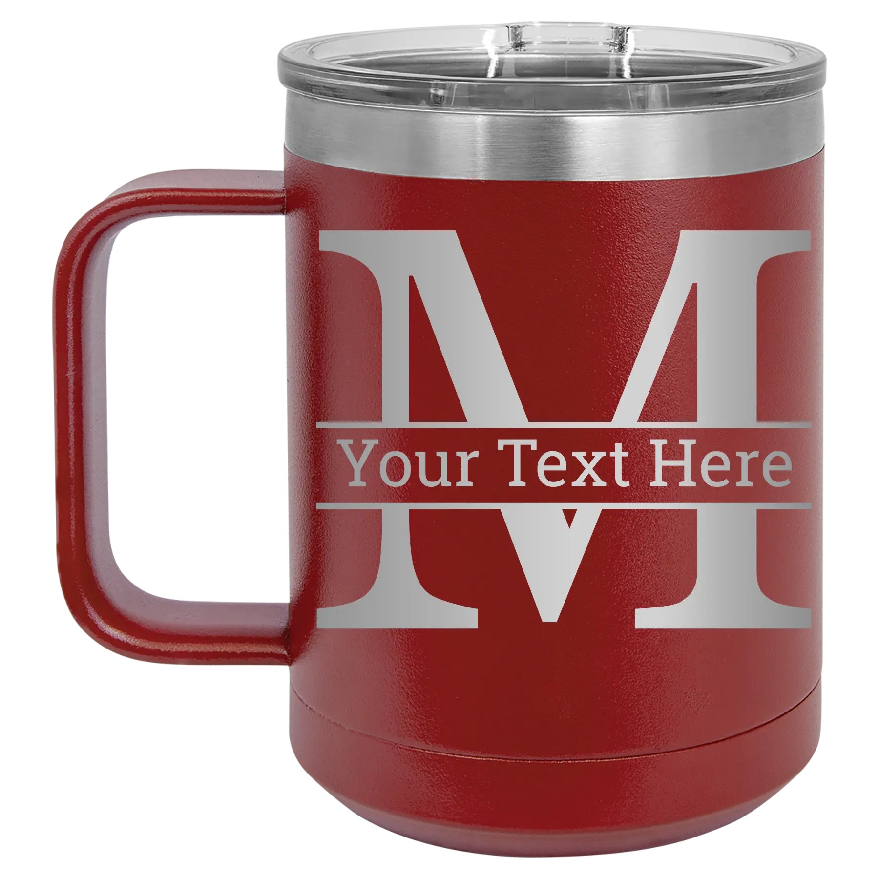 Personalized maroon 15 oz vacuum insulated coffee mug with 'Monogram letter M' design