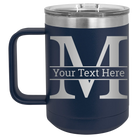 Personalized navy 15 oz vacuum insulated coffee mug with 'Monogram letter M' design