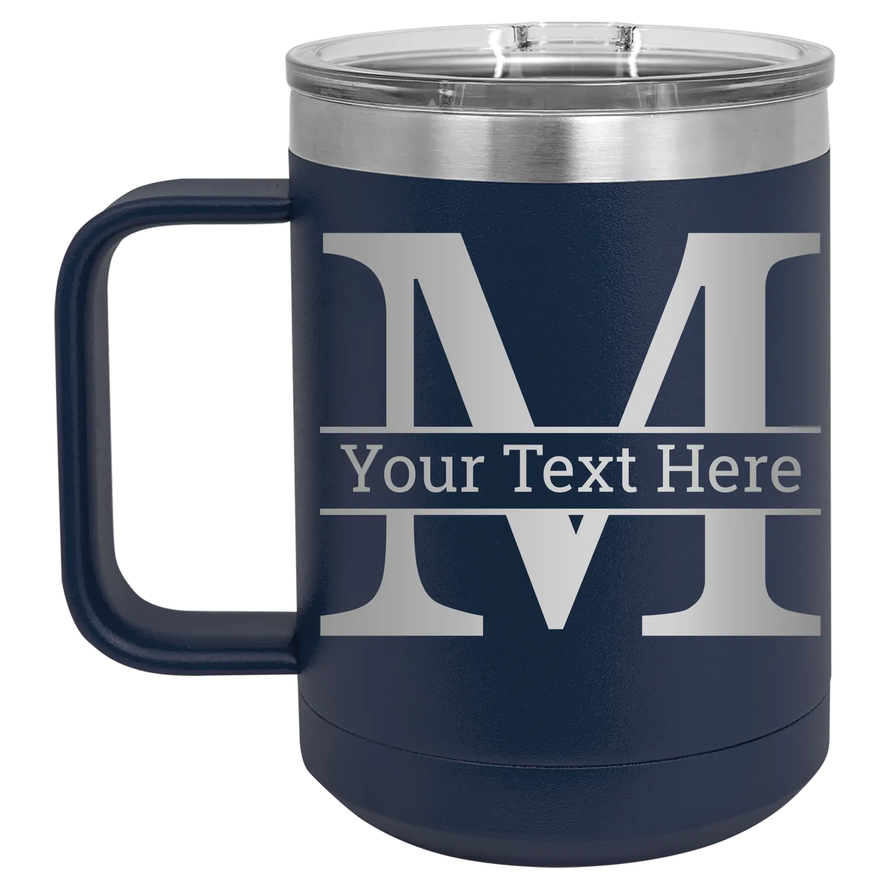 Personalized navy 15 oz vacuum insulated coffee mug with 'Monogram letter M' design