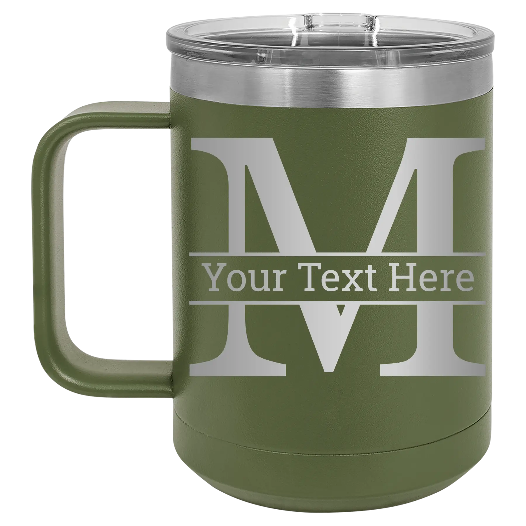 Personalized olive green 15 oz vacuum insulated coffee mug with 'Monogram letter M' design