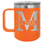 Personalized orange 15 oz vacuum insulated coffee mug with 'Monogram letter M' design
