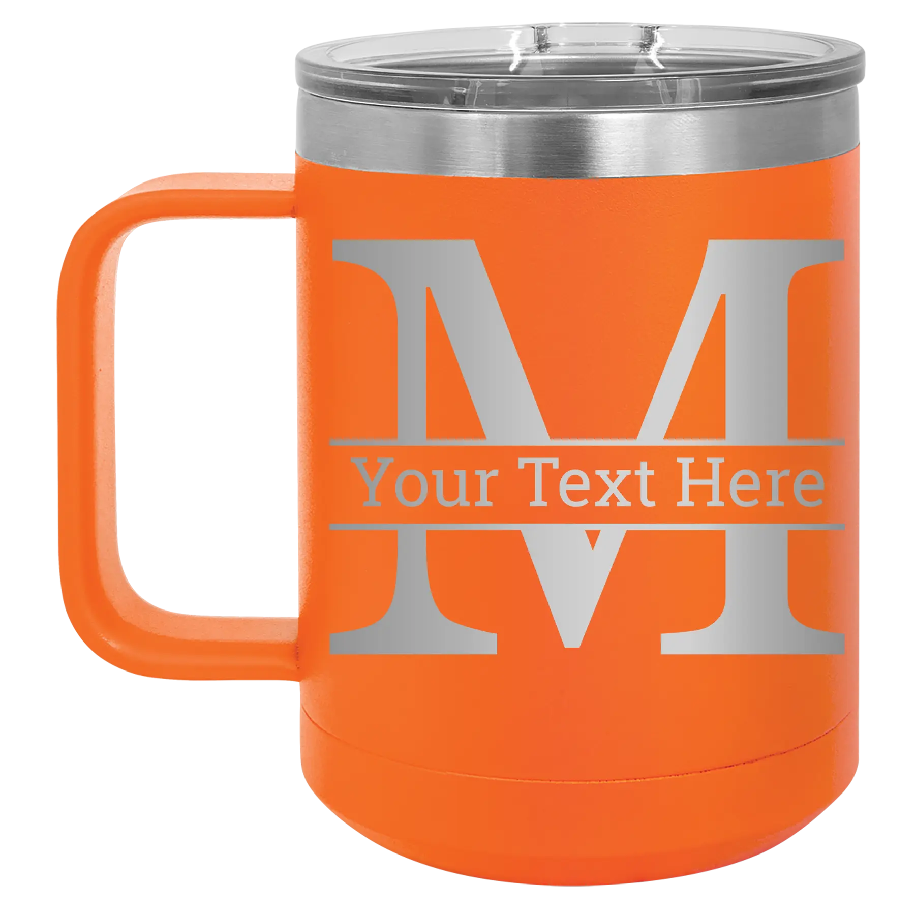Personalized orange 15 oz vacuum insulated coffee mug with 'Monogram letter M' design