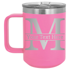 Personalized pink 15 oz vacuum insulated coffee mug with 'Monogram letter M' design