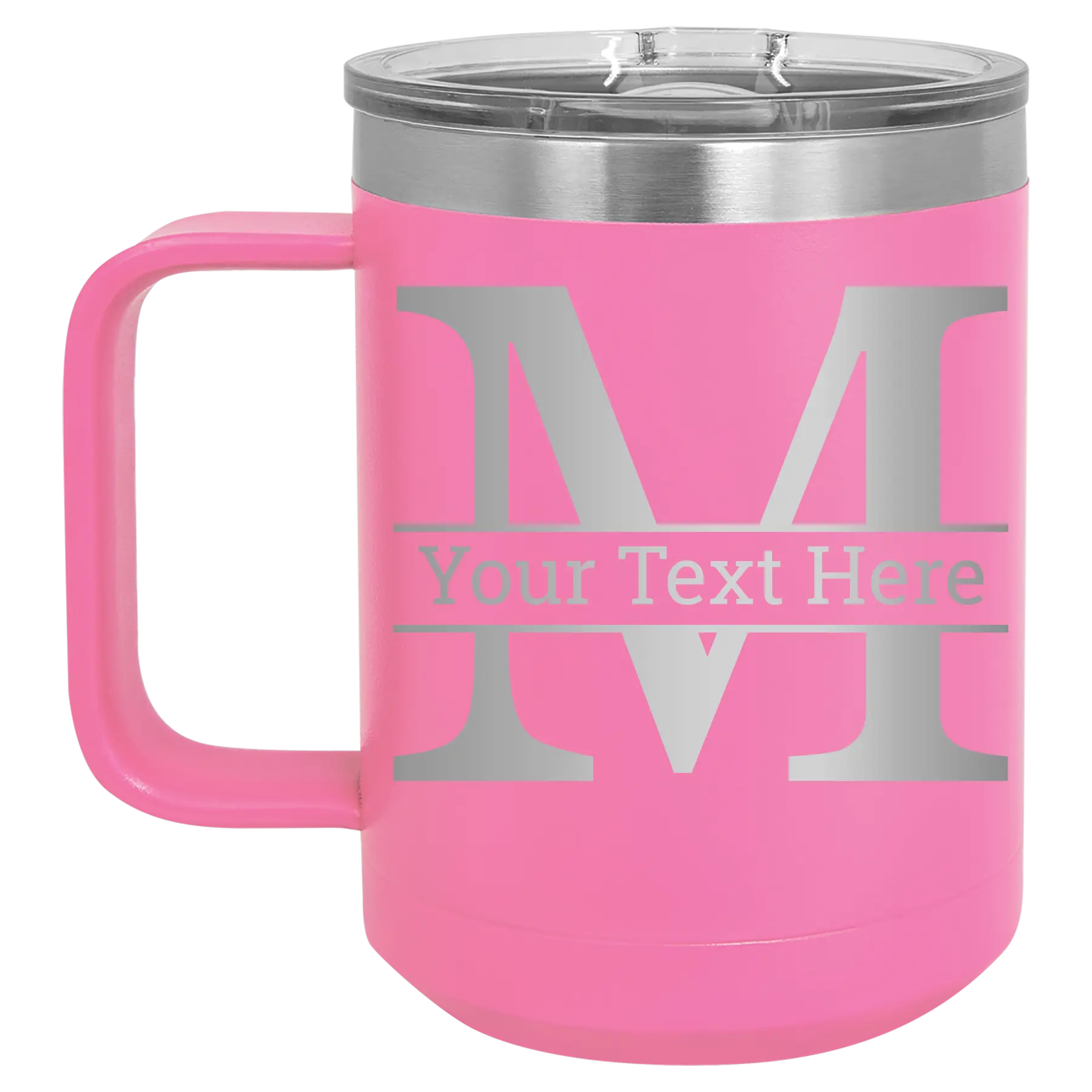 Personalized pink 15 oz vacuum insulated coffee mug with 'Monogram letter M' design