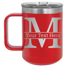 Personalized red 15 oz vacuum insulated coffee mug with 'Monogram letter M' design