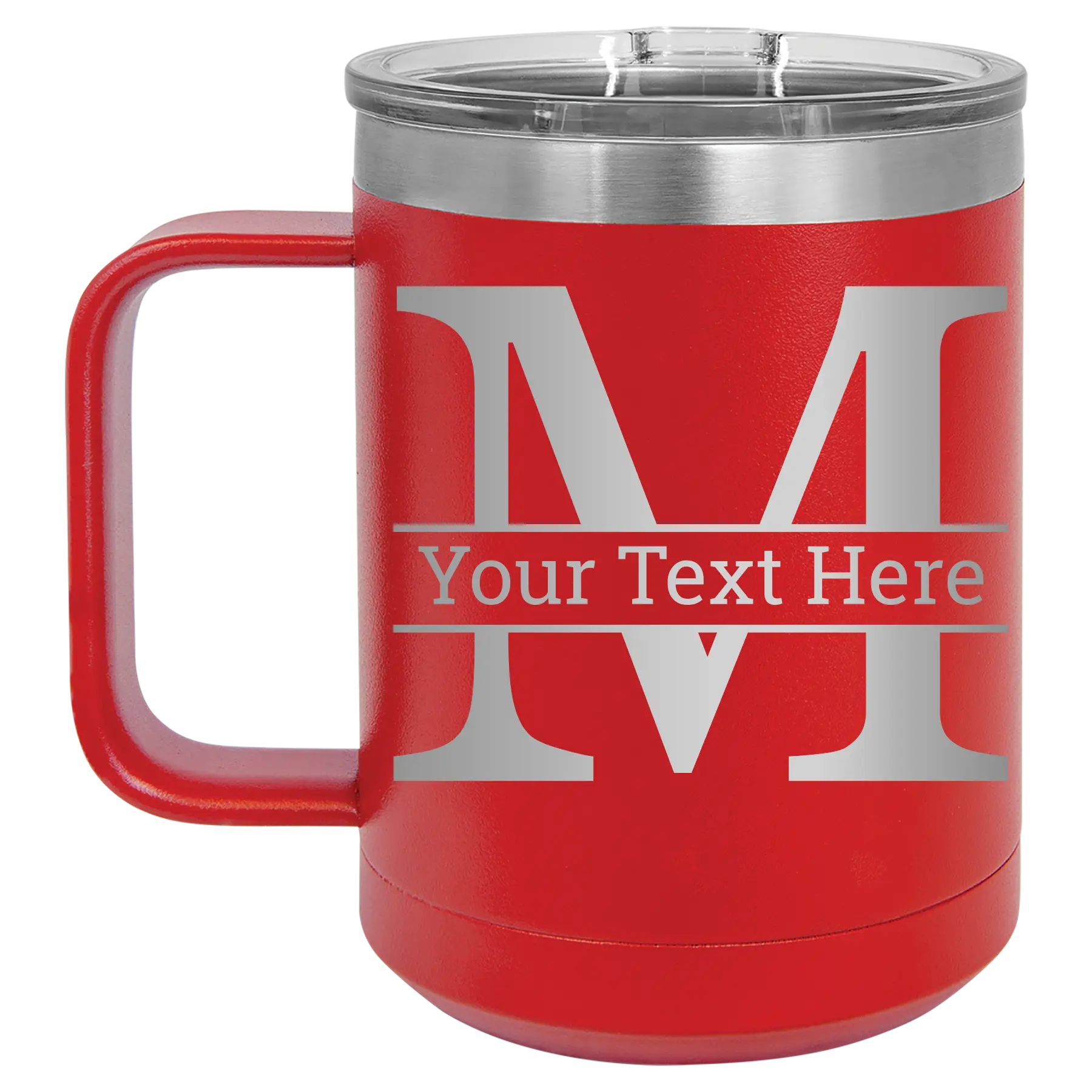 Personalized red 15 oz vacuum insulated coffee mug with 'Monogram letter M' design