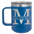 Personalized royal blue 15 oz vacuum insulated coffee mug with 'Monogram letter M' design