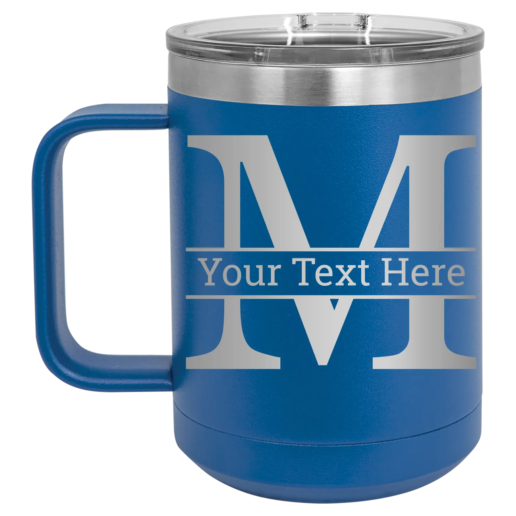Personalized royal blue 15 oz vacuum insulated coffee mug with 'Monogram letter M' design