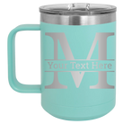 Personalized teal 15 oz vacuum insulated coffee mug with 'Monogram letter M' design
