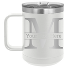 Personalized white 15 oz vacuum insulated coffee mug with 'Monogram letter M' design